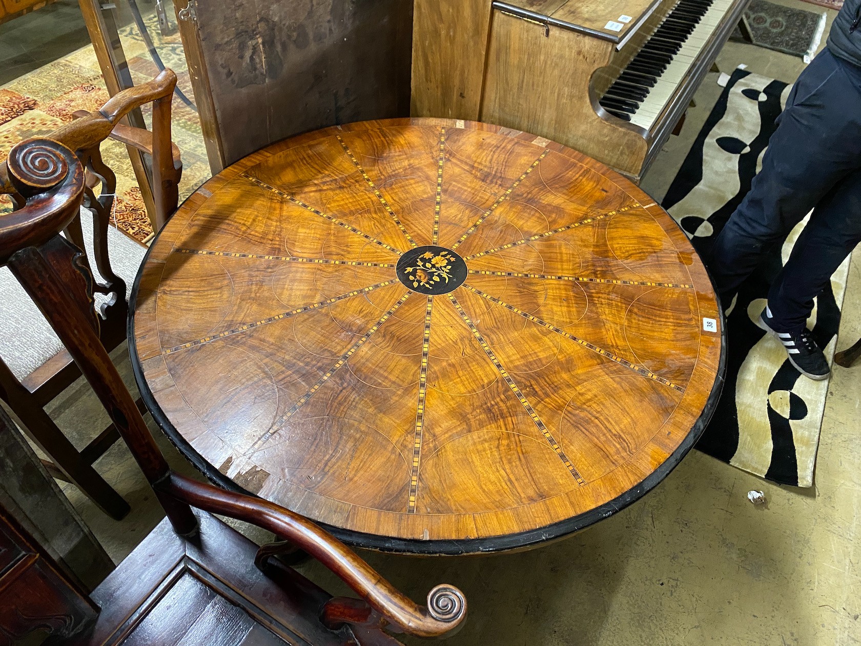 A 19th century inlaid walnut breakfast / centre table (in need of restoration), diameter 110cm, height 68cm